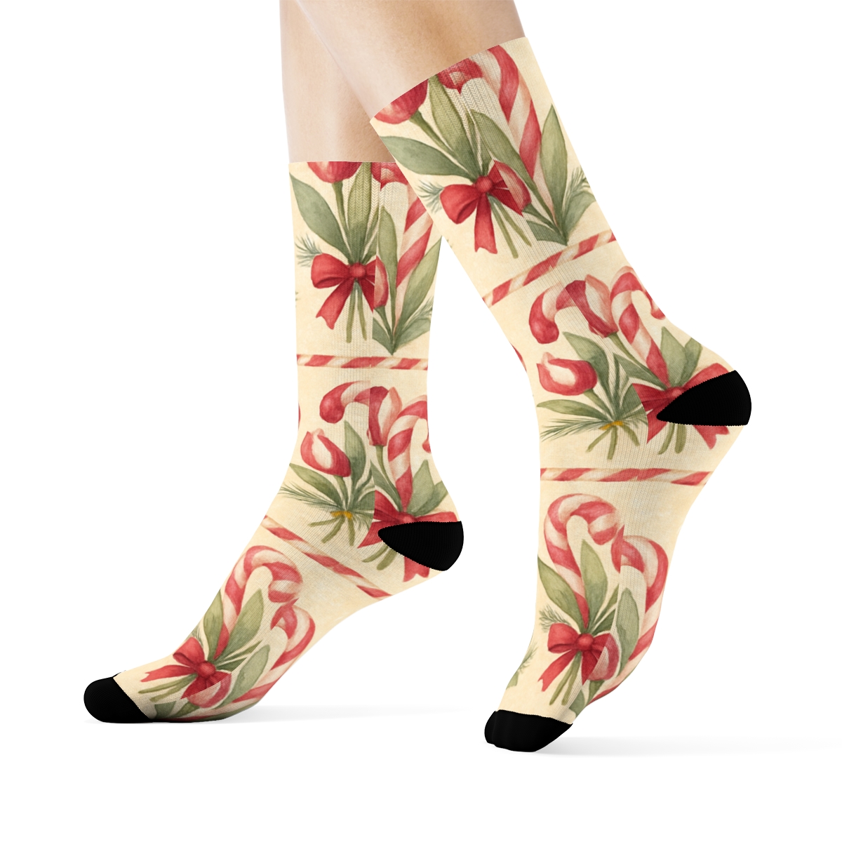 Watercolor Candy Cane Tulip Garland Stripe On Warm Ivory Background custom crew socks