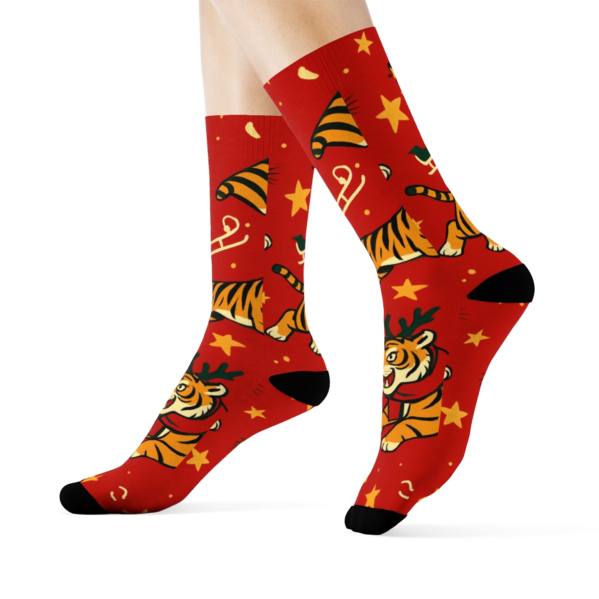 Reindeer Tiger Sleigh Diagonal Repeat On Crimson Background stylish athletic crew socks