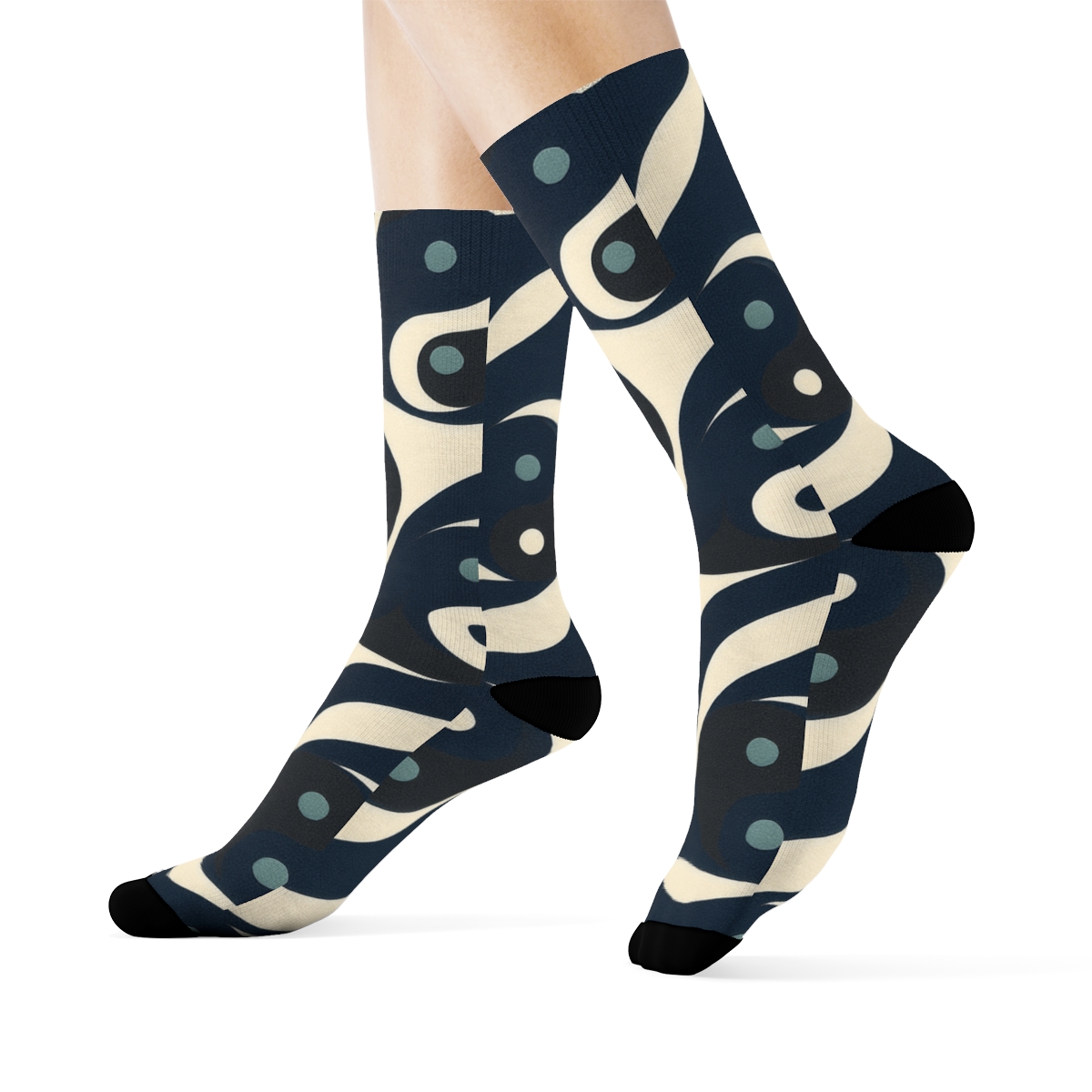 Indigo Cream Wave Yin Yang Tessellation designer printed crew socksIndigo Cream Wave Yin Yang Tessellation Crew Socks - Image 3