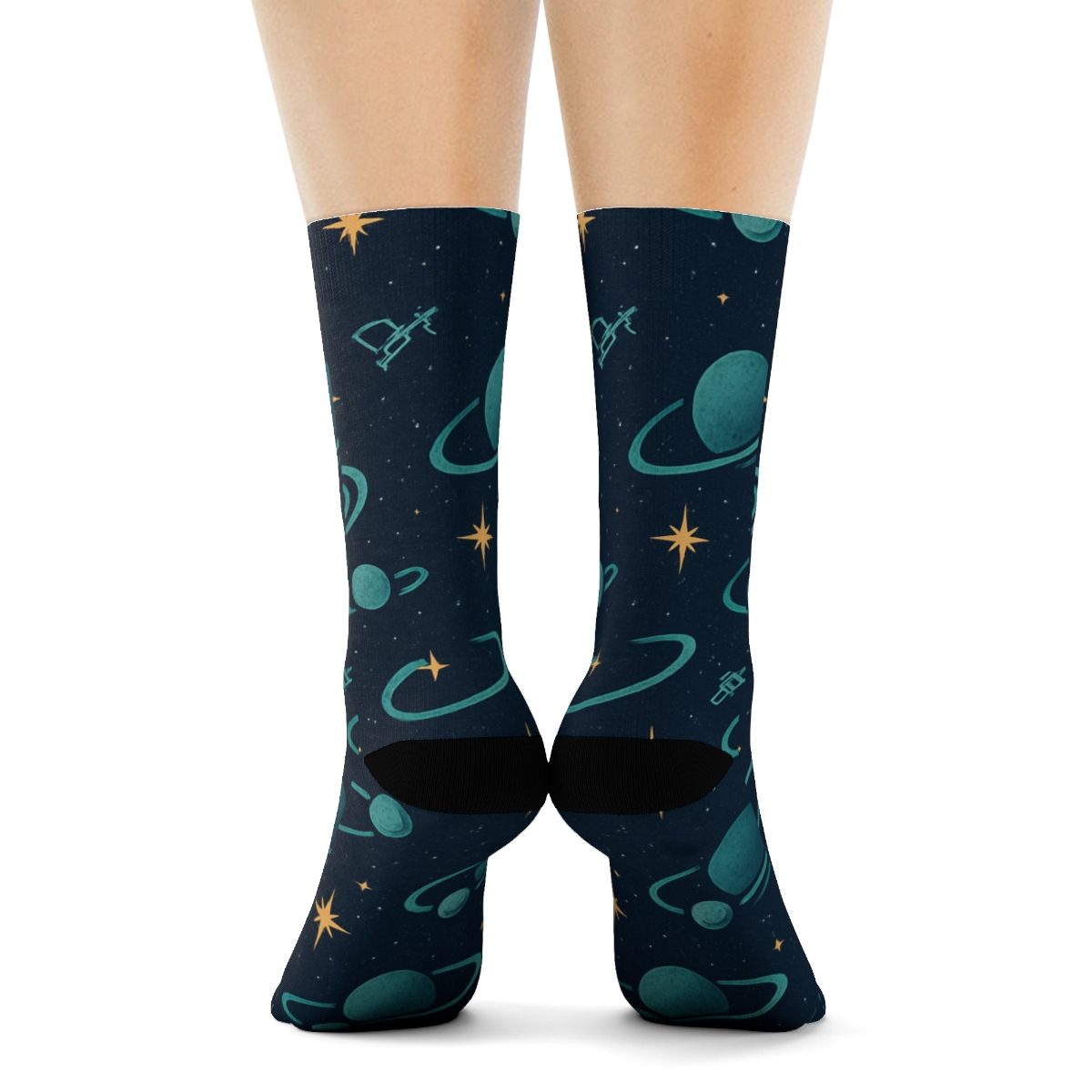 Ionized Teal Orbital Band Tessellation On Deep Navy Background trendy patterned crew socks