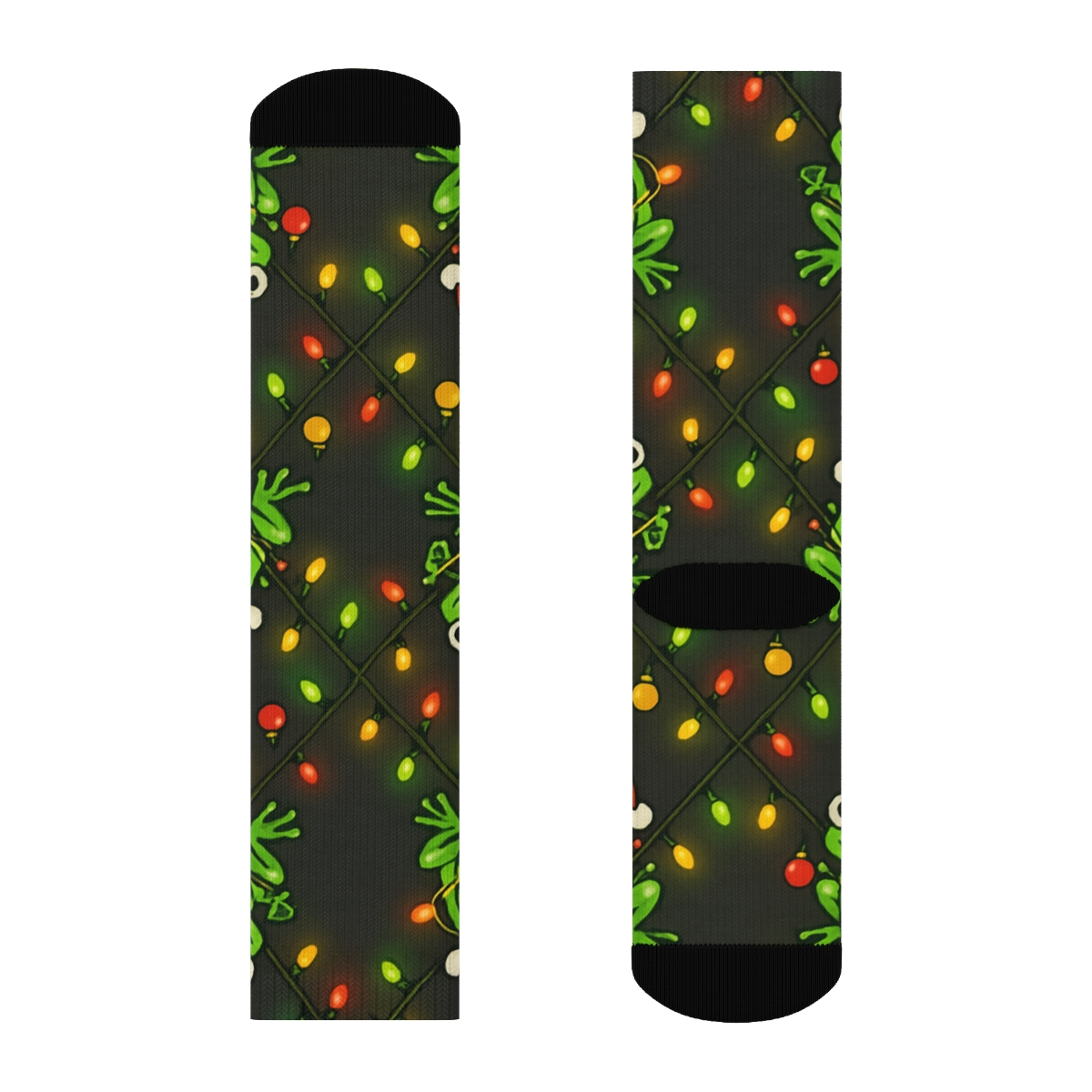Festive Frog Christmas Lights Lattice designer printed crew socks