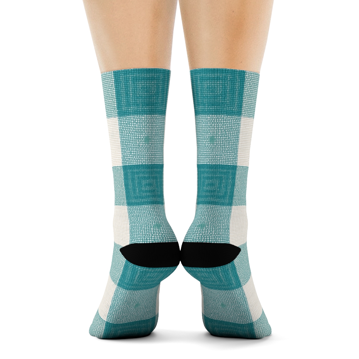 Teal And White Gingham Blocks With Nested Progressive Checks And Dot Centers comfortable cotton crew socks