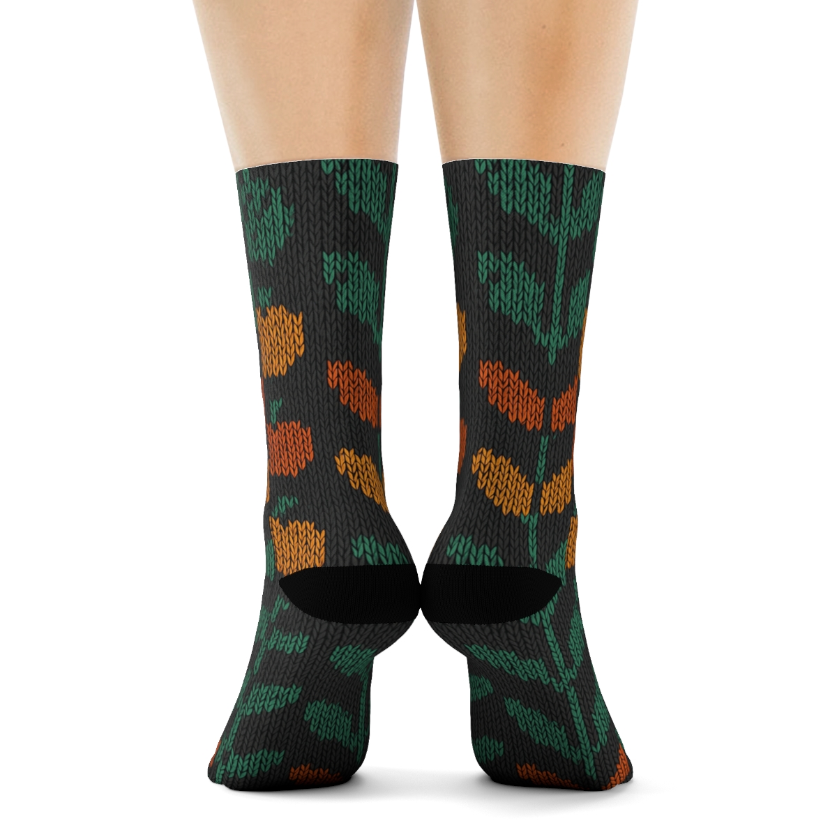 Forest Green Knitted Leaf Chevron On Charcoal Background custom crew socks