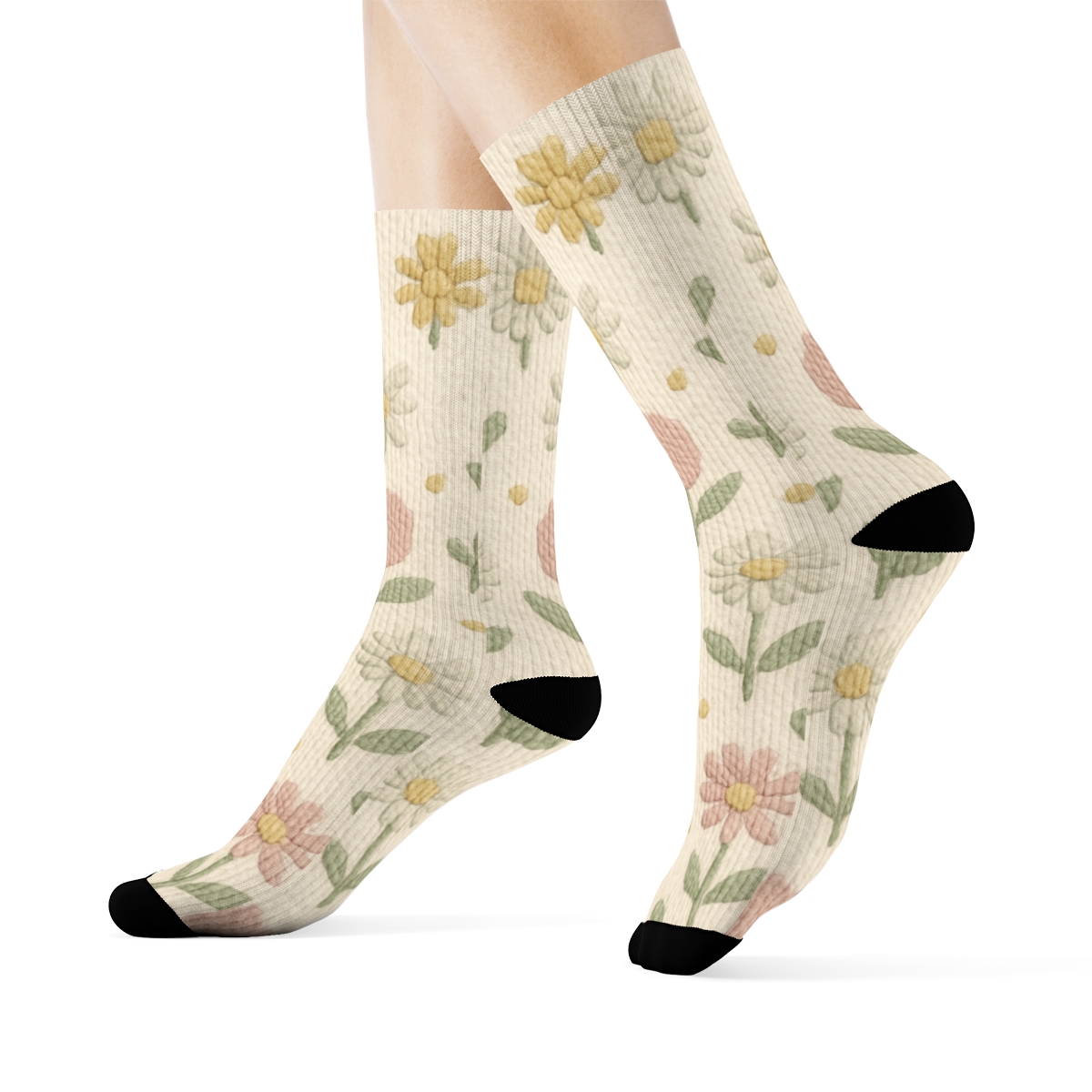 Knitted Daisy And Tulip Micro Motif Grid On Warm Ivory Background trendy patterned crew socks