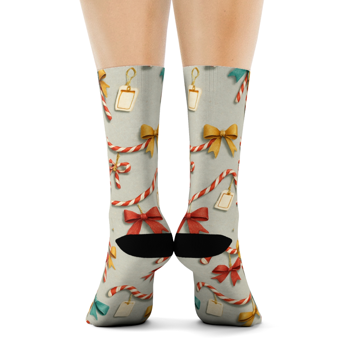 Holiday Collage Of Bows And Candy Canes Garland Tiles unique graphic crew socks