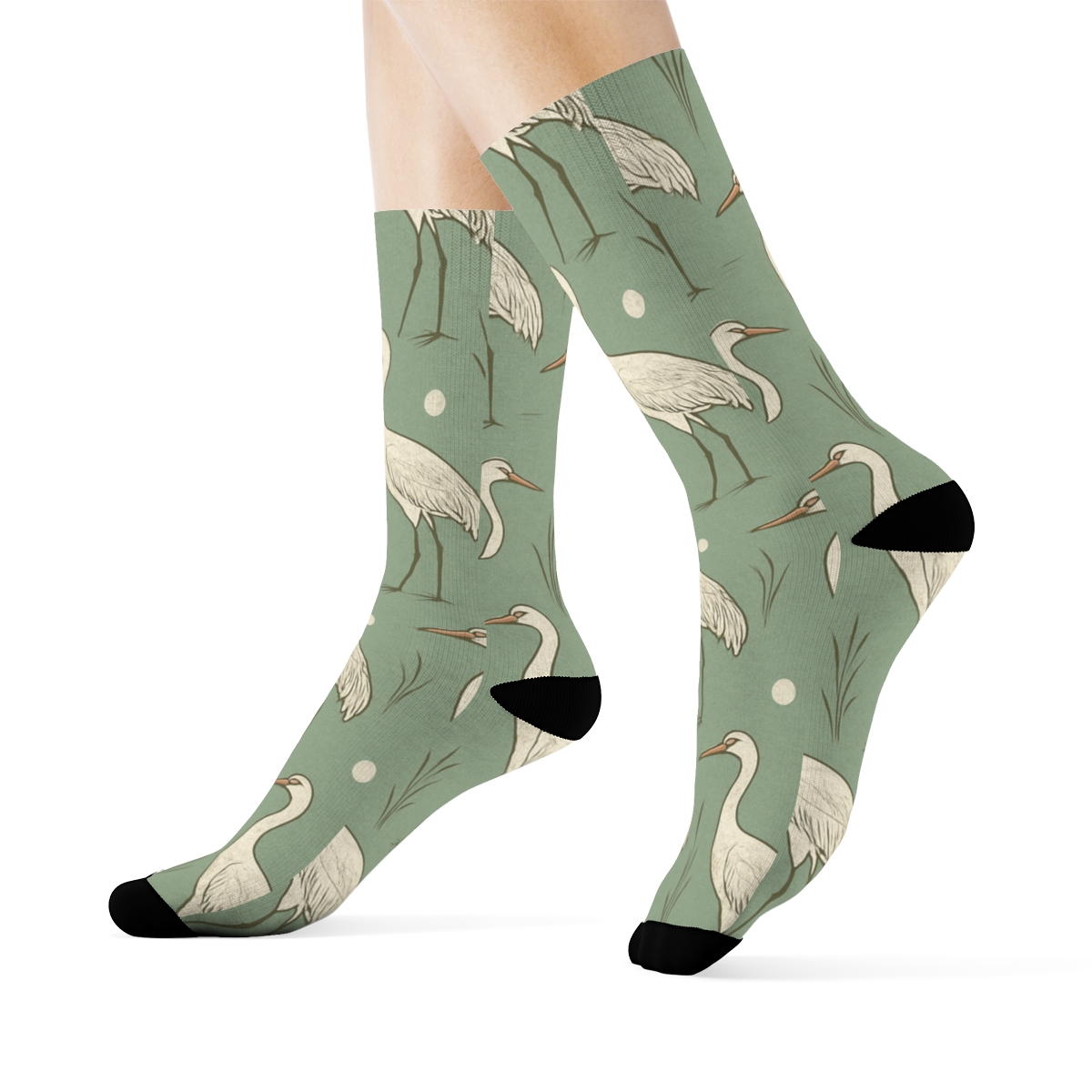Cranes And Reeds Diagonal March On Misty Green Background comfortable cotton crew socks