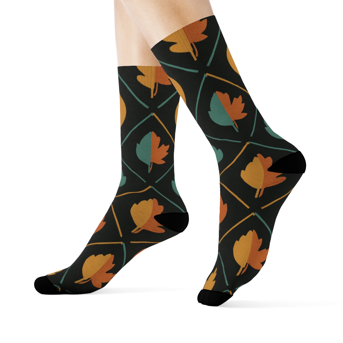 Burnt Orange Leaf Silhouette Lattice On Charcoal soft everyday crew socks