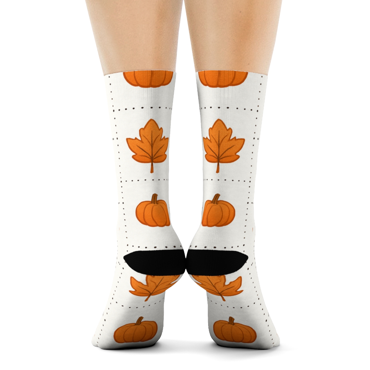 Orange Autumn Leaf And Mini Pumpkin Alternating Grid On White Background trendy patterned crew socks
