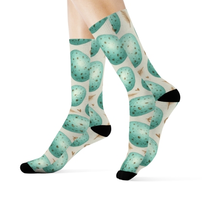Robin Egg Oval Scatter With Feather Sprigs On Light Gray Background custom crew socks