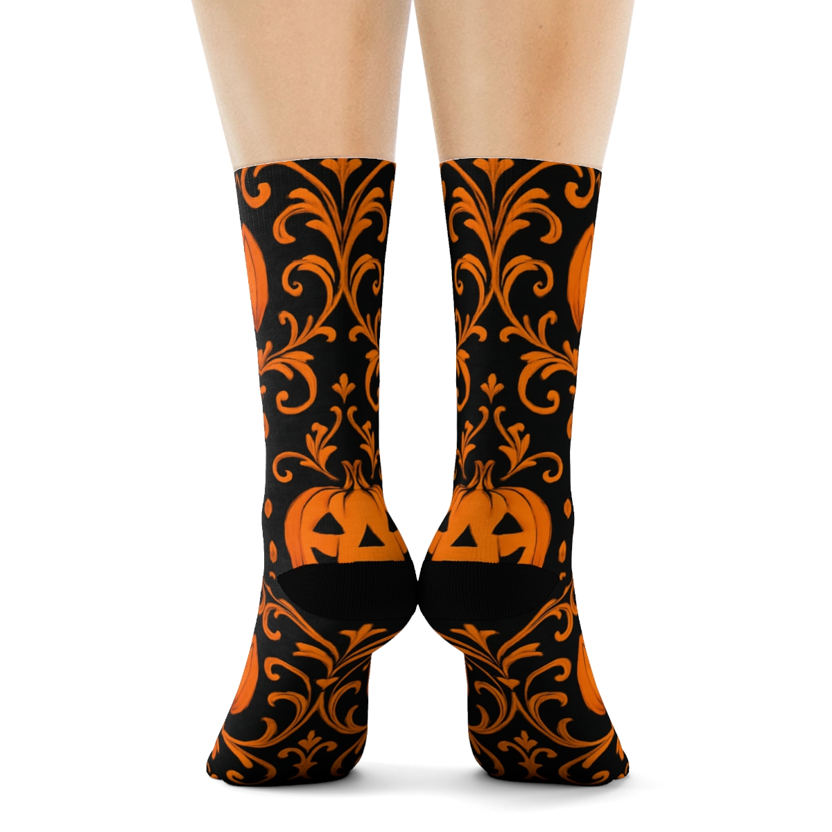 Carved Pumpkin Damask Scrollwork On Black Background comfortable cotton crew socks