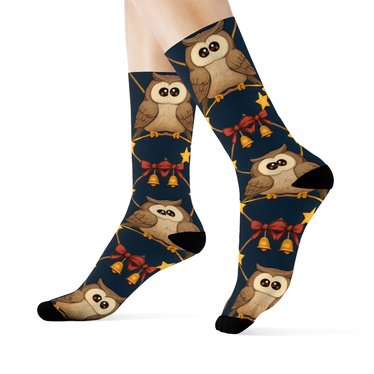 Owl Star Garland Lattice On Navy Blue Background custom crew socks