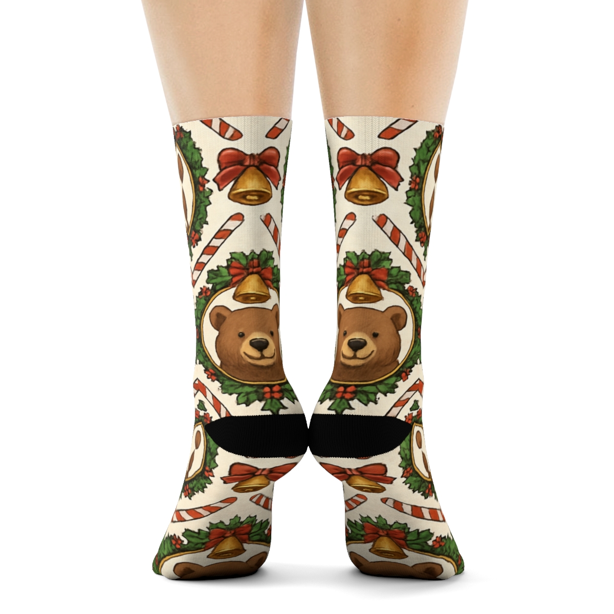Bear Sleigh Bell Medallions On Ivory Background custom crew socks