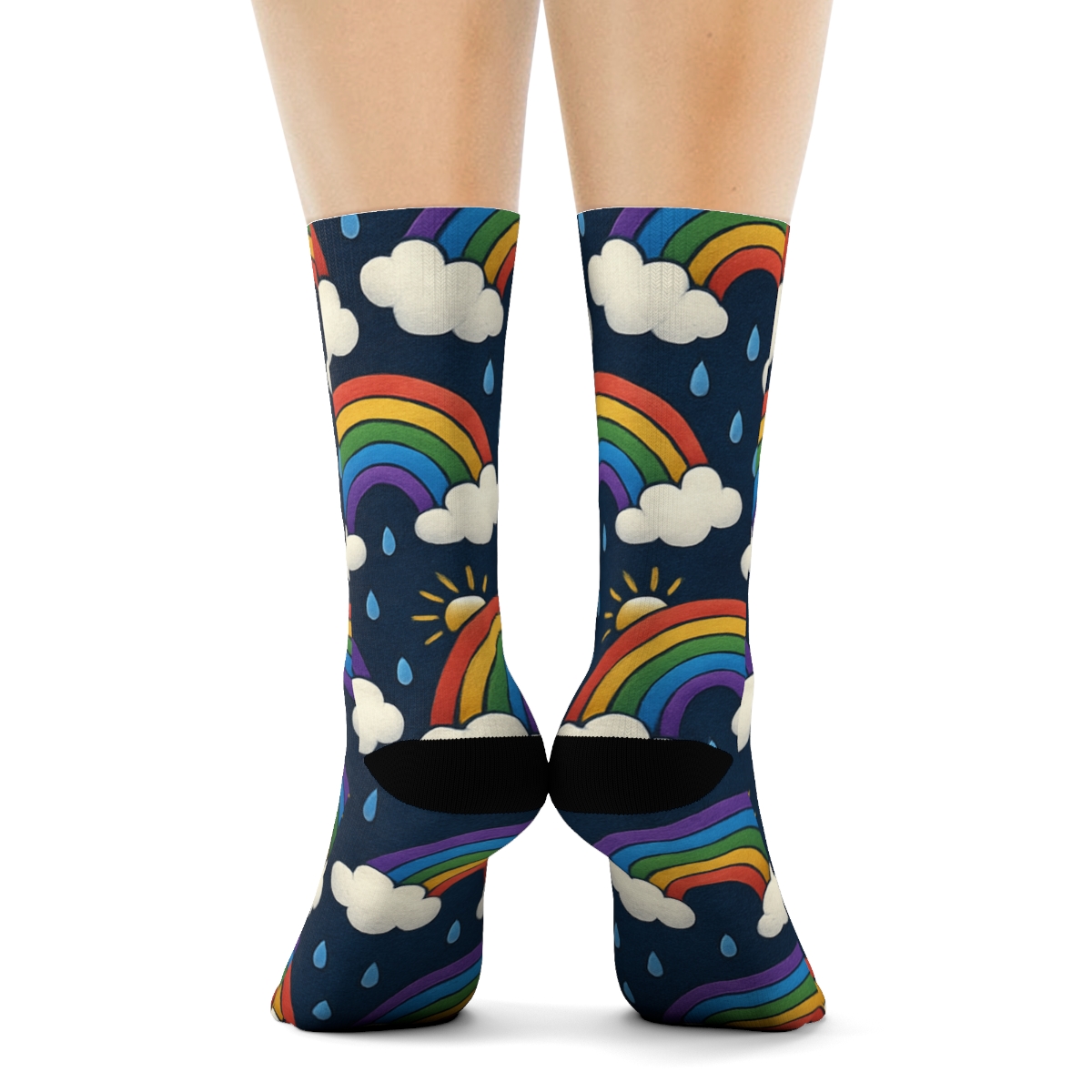 Festival Rainbow Arc And Sunbeam Tile On Midnight Navy personalized crew socks