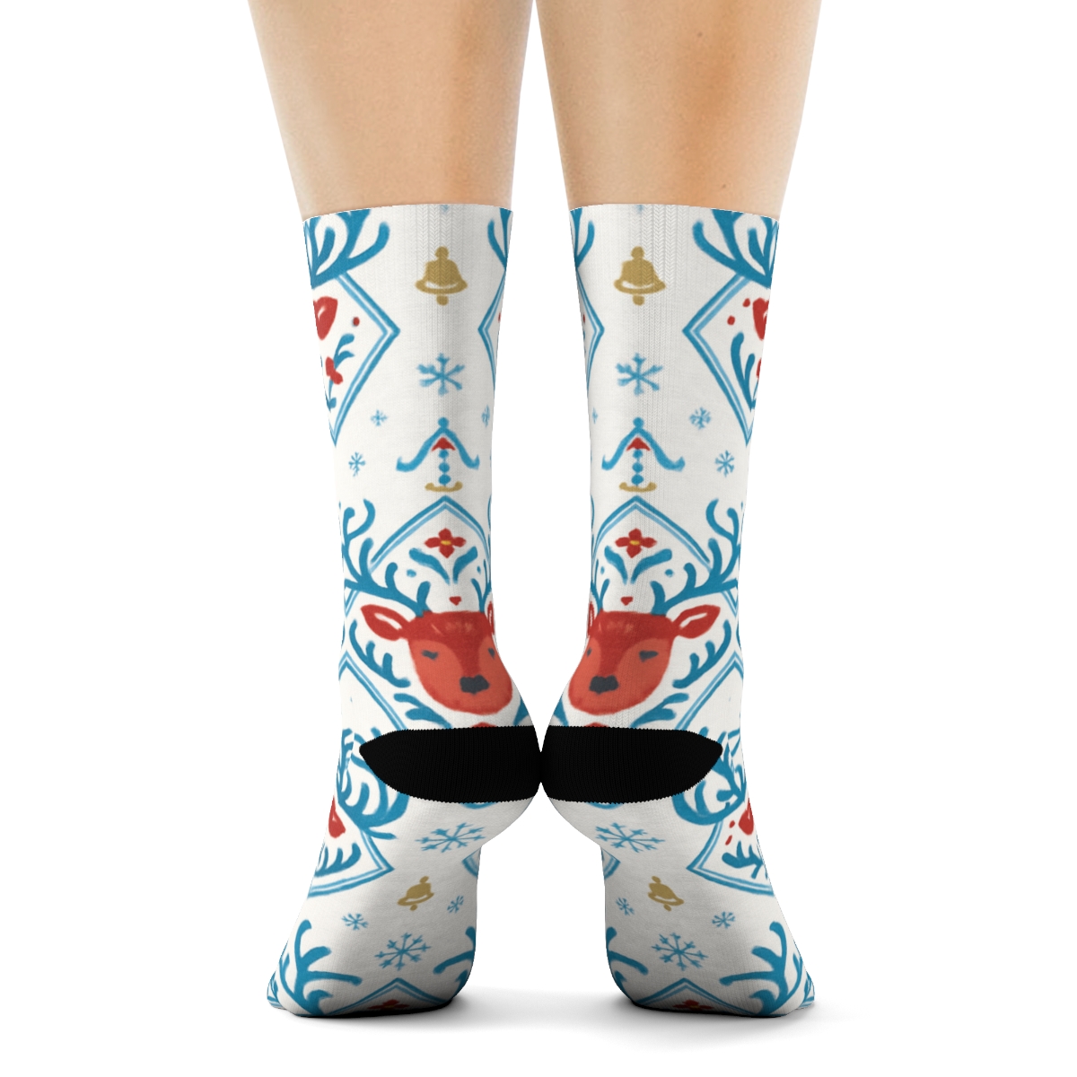 Scandinavian Folk Motif With Reindeer Head Medallions stylish athletic crew socks
