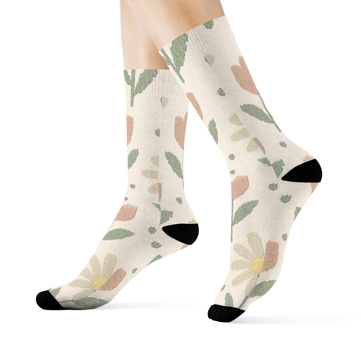 Sage Meadow Daisy And Tulip Knit Illusion Grid On Warm Ivory Background premium sports crew socks