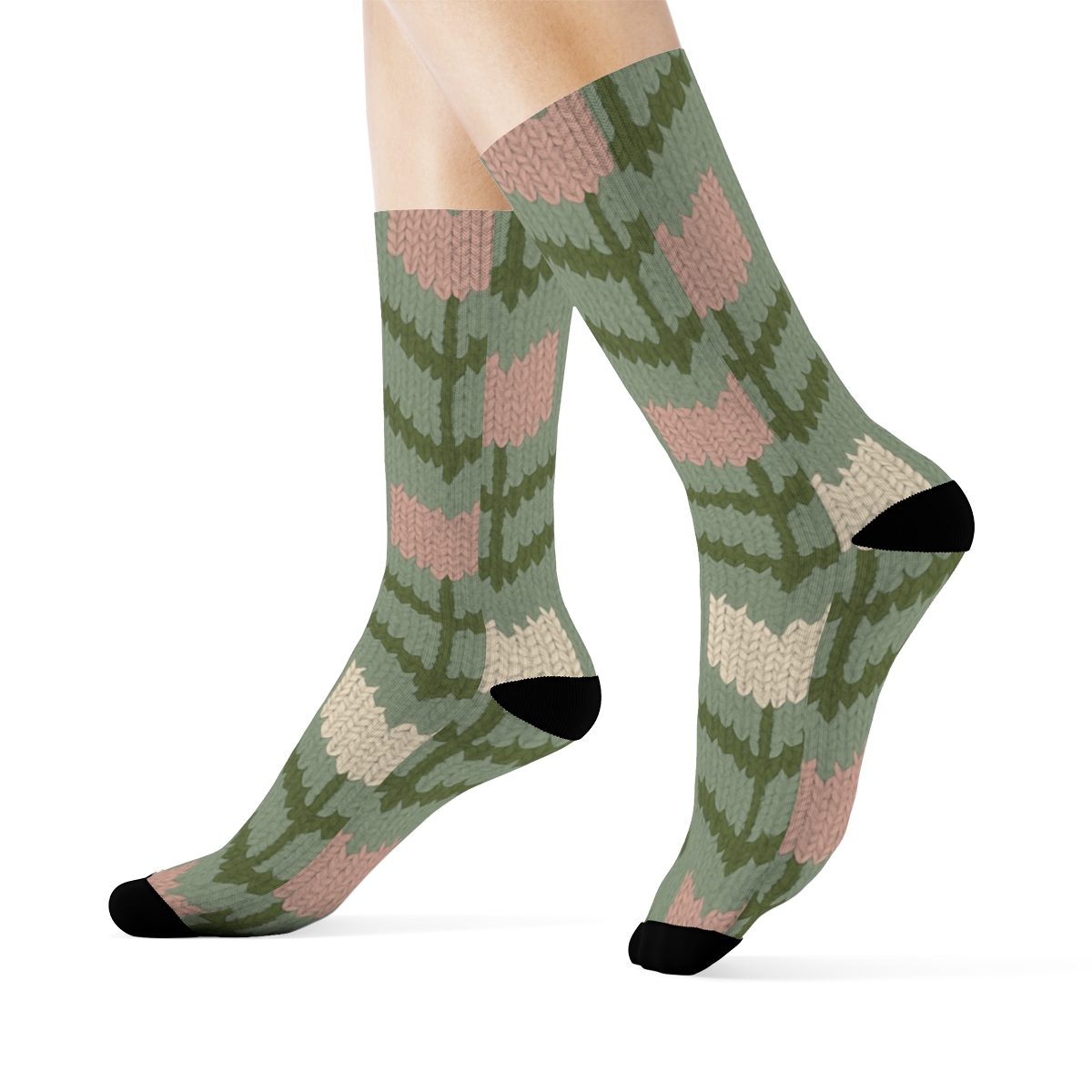 Cream Tulip Knit Chevron On Sage Background premium sports crew socks