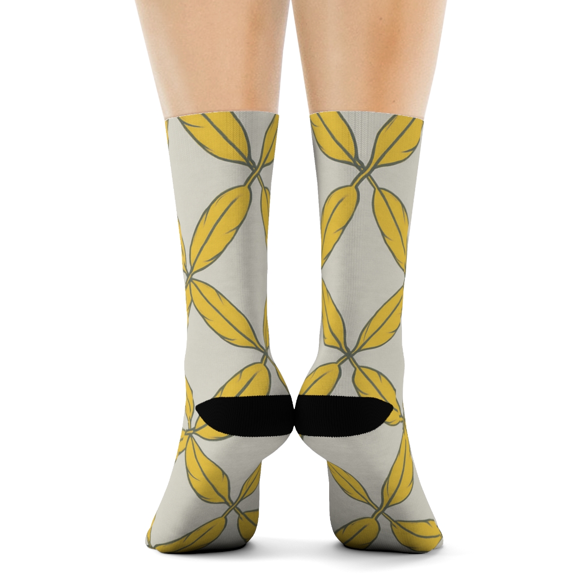 Golden Canary Feather Lattice On Soft Gray Background personalized crew socks