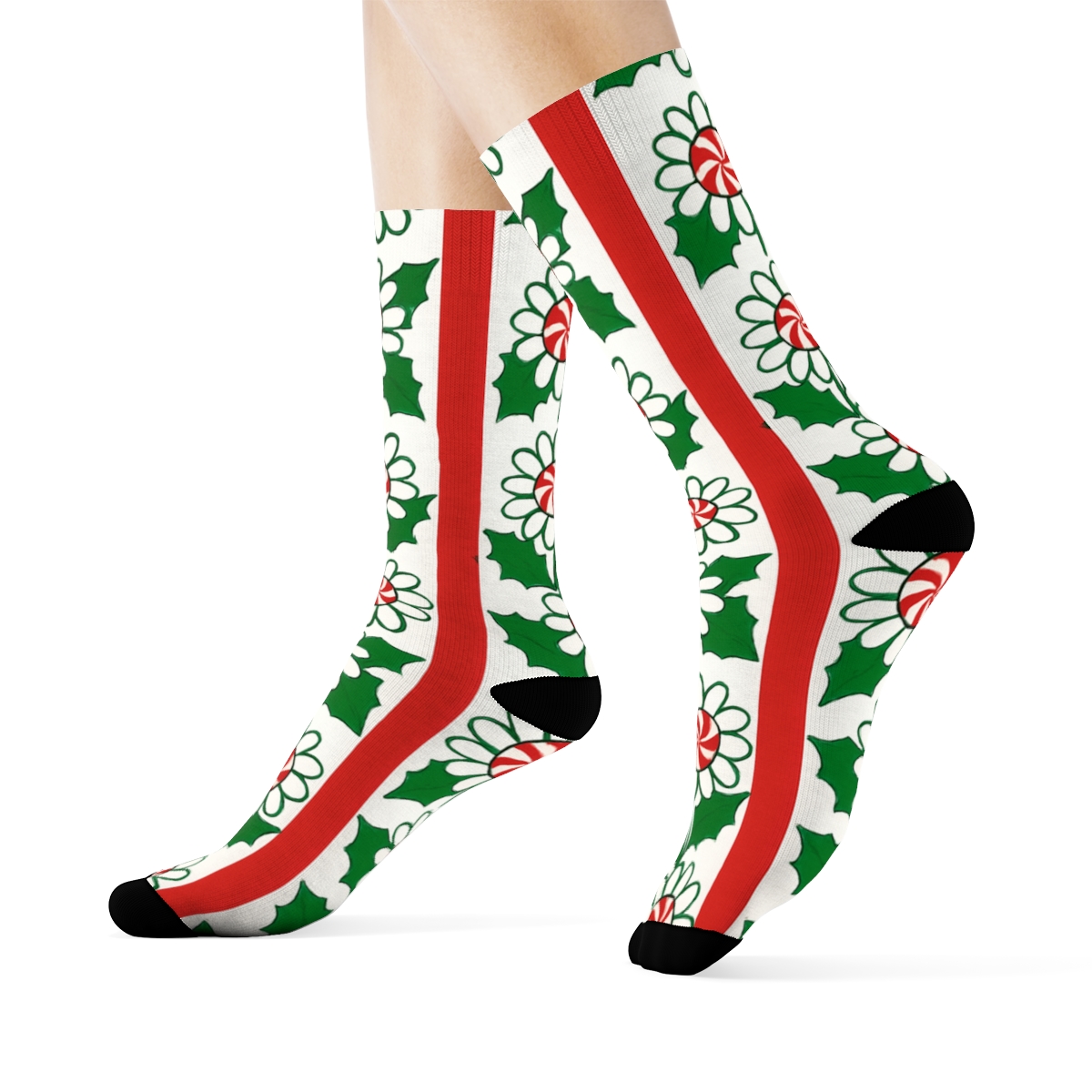 Candy Cane Holly Daisy Stripe On Icy White designer printed crew socks