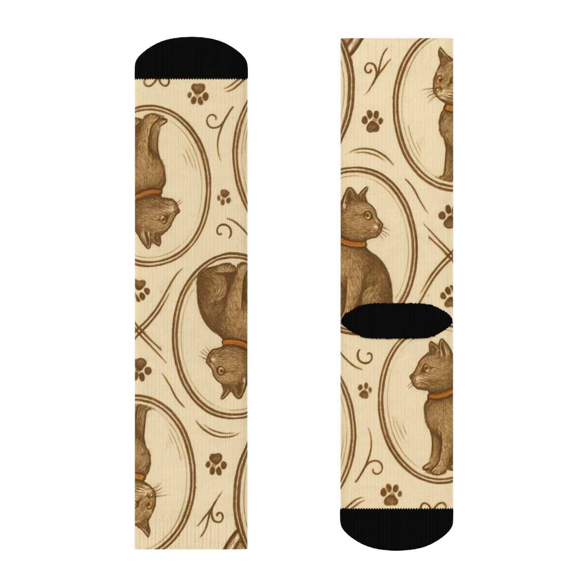 Vintage Naturalist Poster Look With Cat Silhouette Medallions unique graphic crew socks