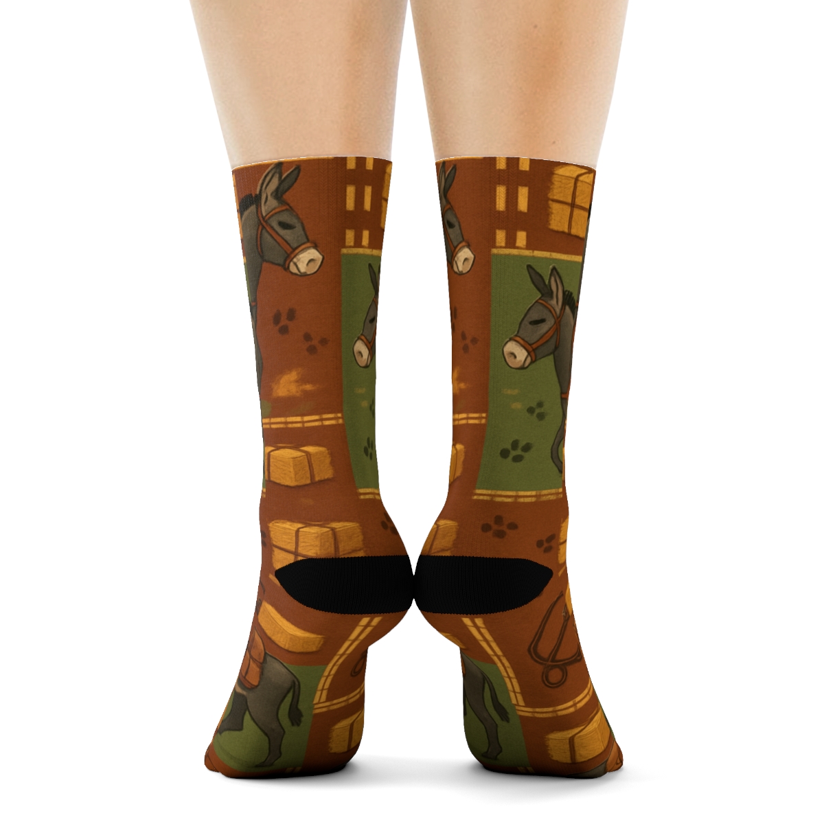 Market Day Donkey Patchwork Collage designer printed crew socks