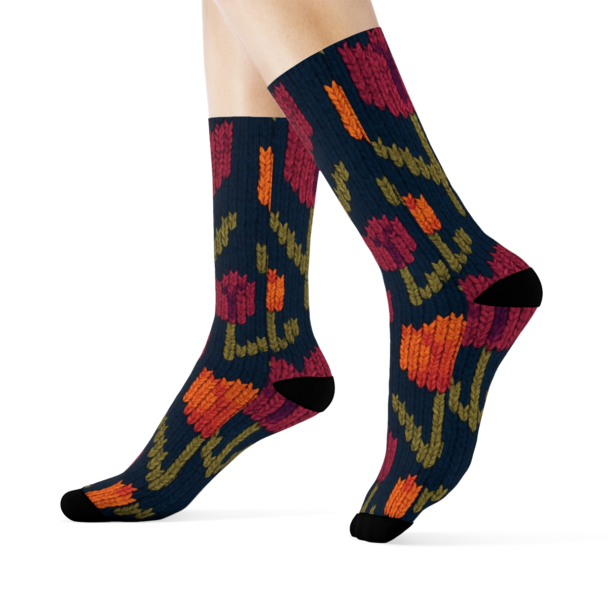 Sunset Tulip Chevron Weave On Deep Navy Background soft everyday crew socks