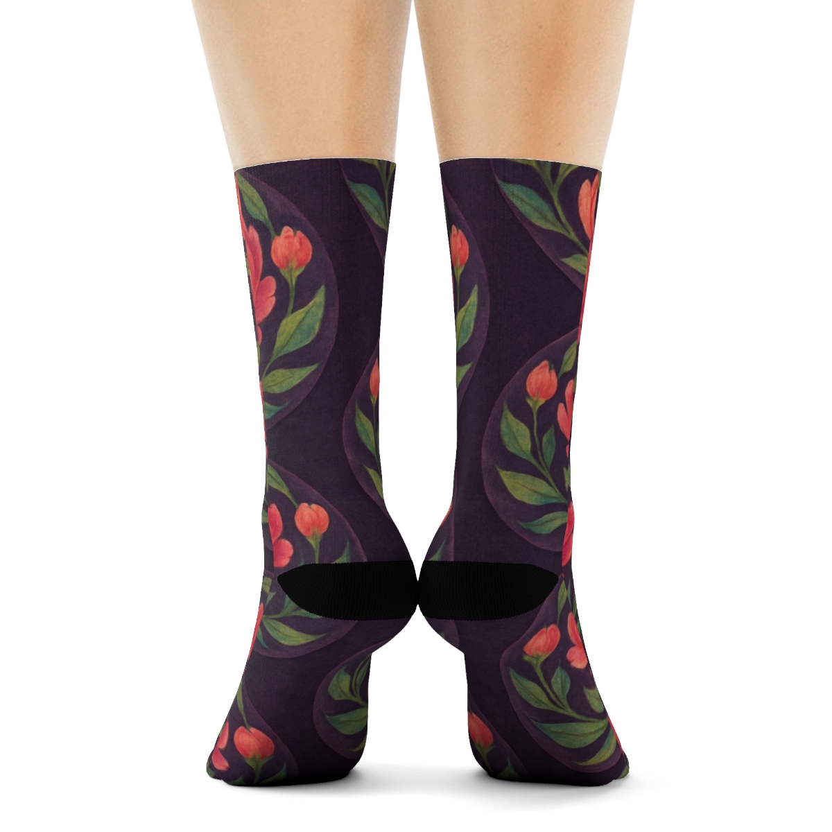 Sunset Peony Medallion Tiles On Deep Plum Background stylish athletic crew socks