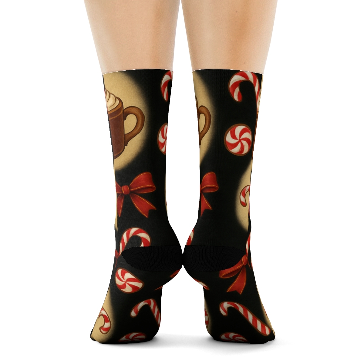 Candy Canes Vignette Wrap Pattern With Cocoa Mugs On Black premium sports crew socks