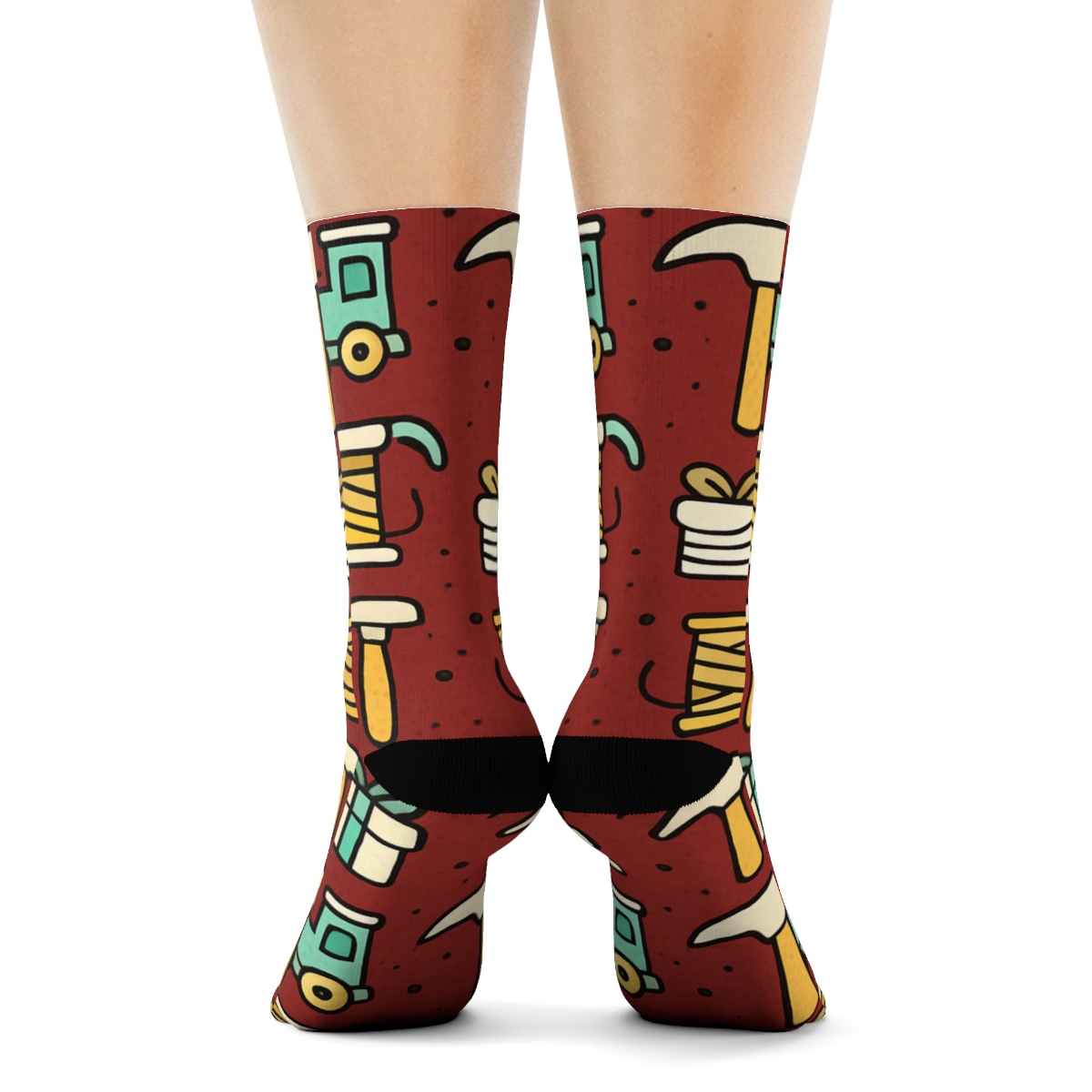 Elf Workshop Xmas Tool Icons On Red soft everyday crew socks