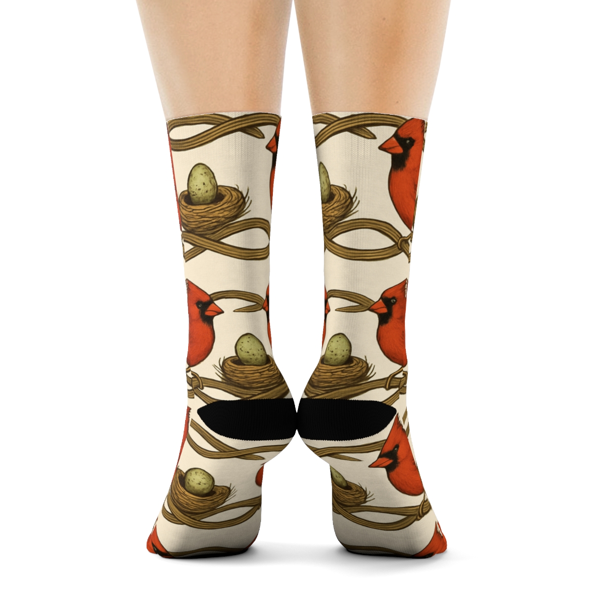 Scarlet Cardinal Branch Braid On Ivory Background personalized crew socks