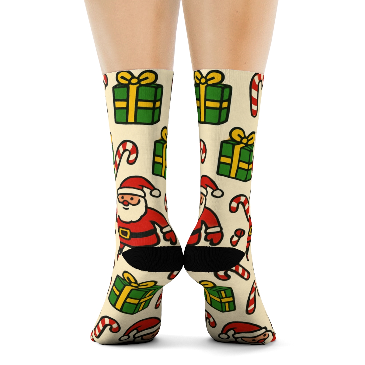 Xmas Santa Scatter On Ivory unique graphic crew socks