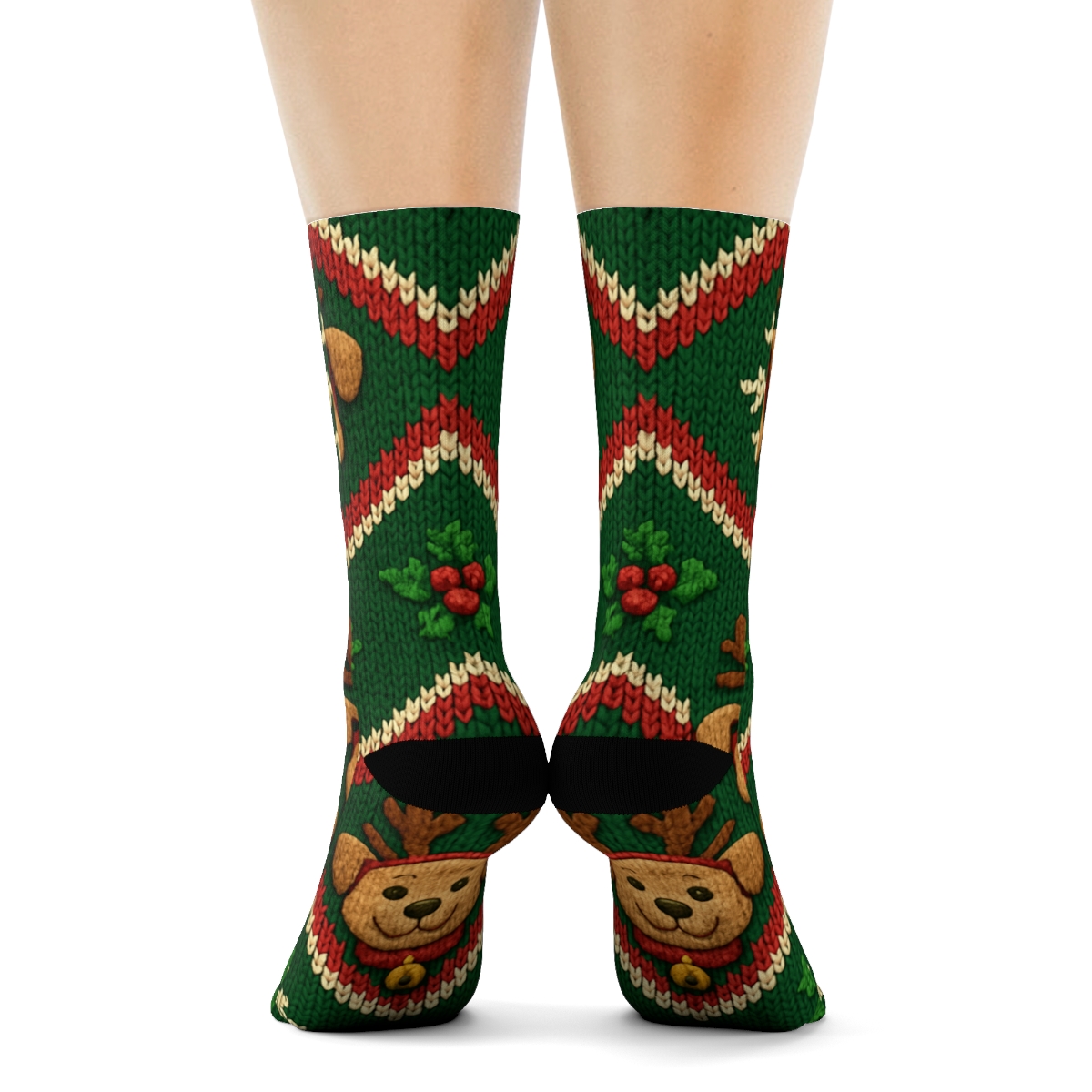 Reindeer Dog Sweater Chevron Bands On Forest Green Background comfortable cotton crew socks