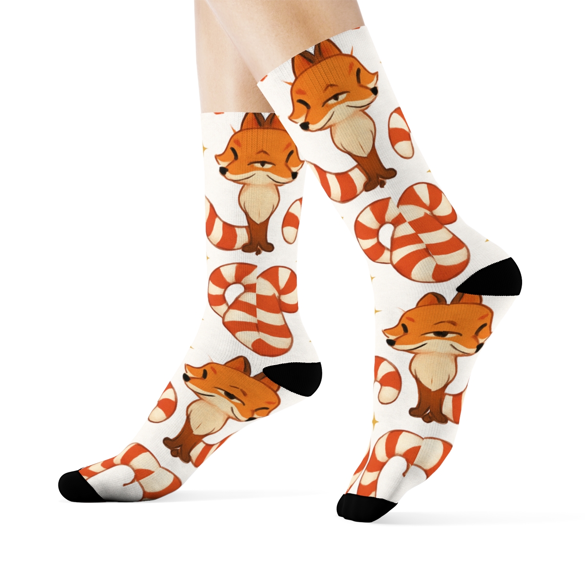 Candy Cane Fox Lattice On Snow White Background unique graphic crew socks
