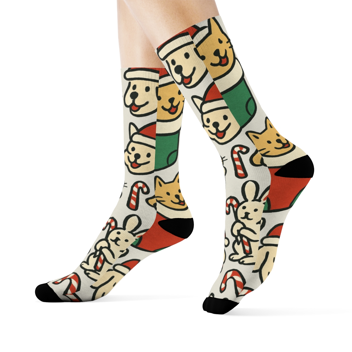 Holiday Pets Scatter On Light Gray designer printed crew socks