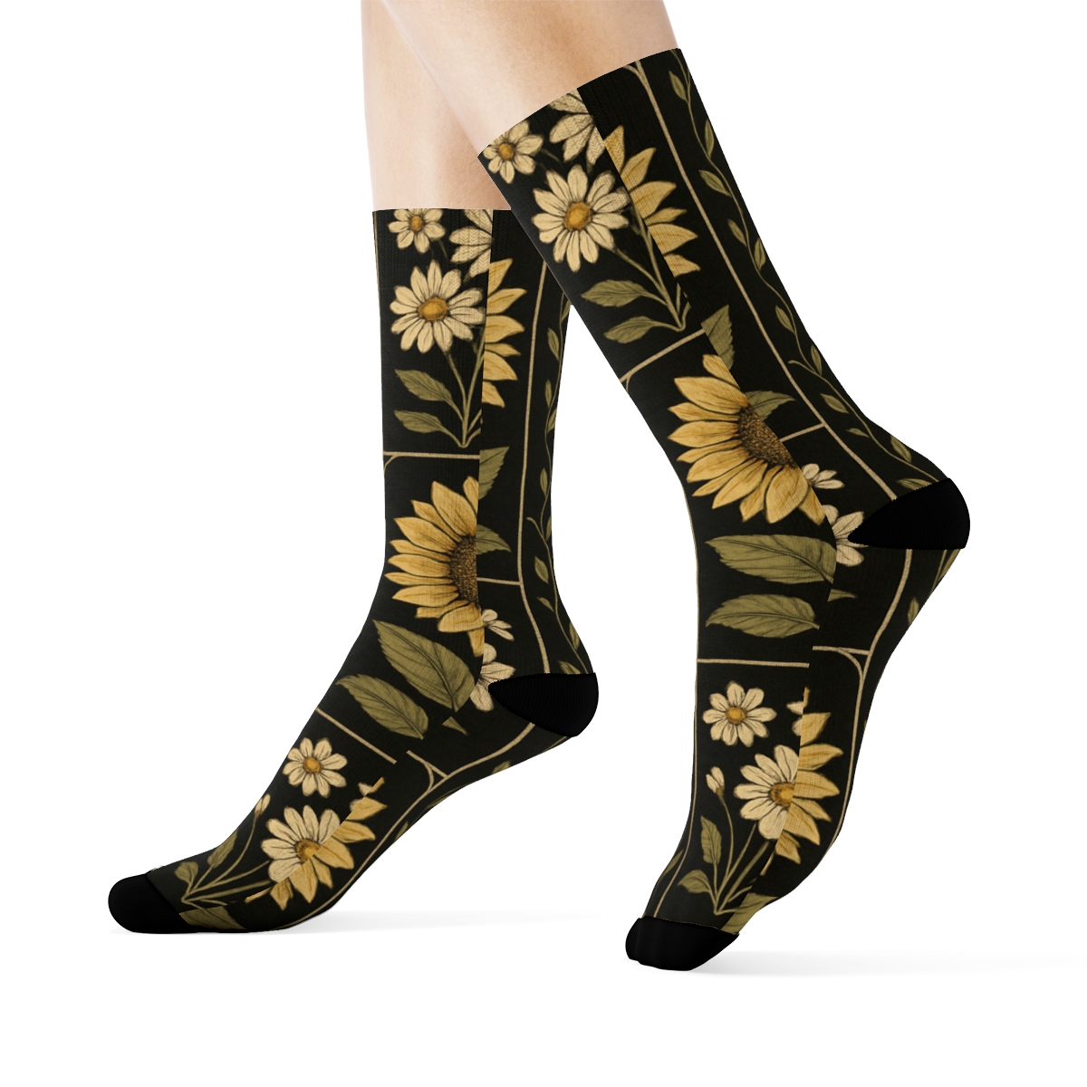 Midnight Herbarium Sunflower Daisy Collage Grid stylish athletic crew socks