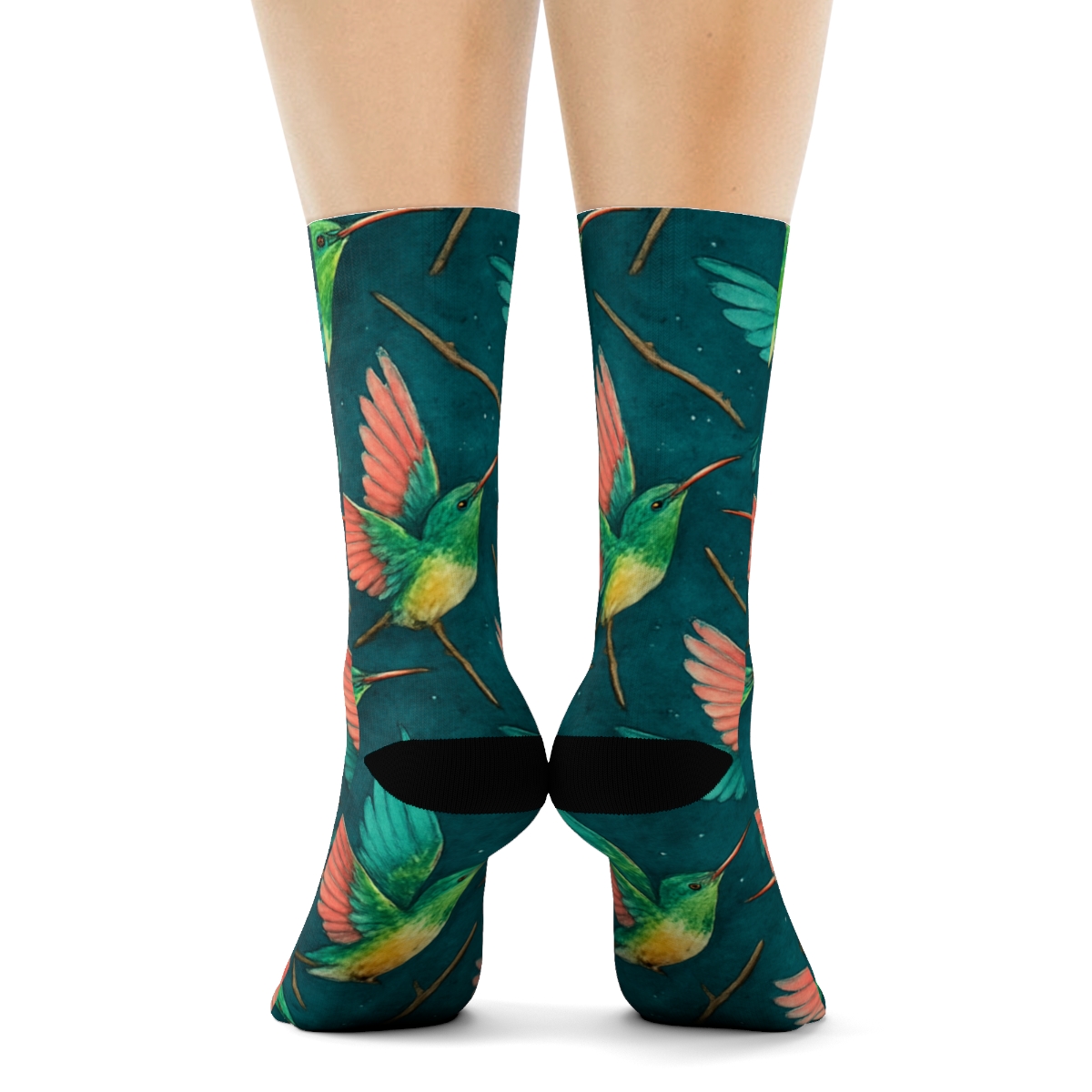 Hummingbird Wing Whirl Tessellation On Deep Teal Background trendy patterned crew socks