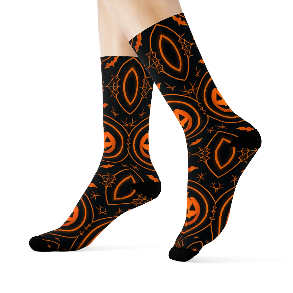 Orange Jack O Lantern Medallion Repeat On Black Background stylish athletic crew socks