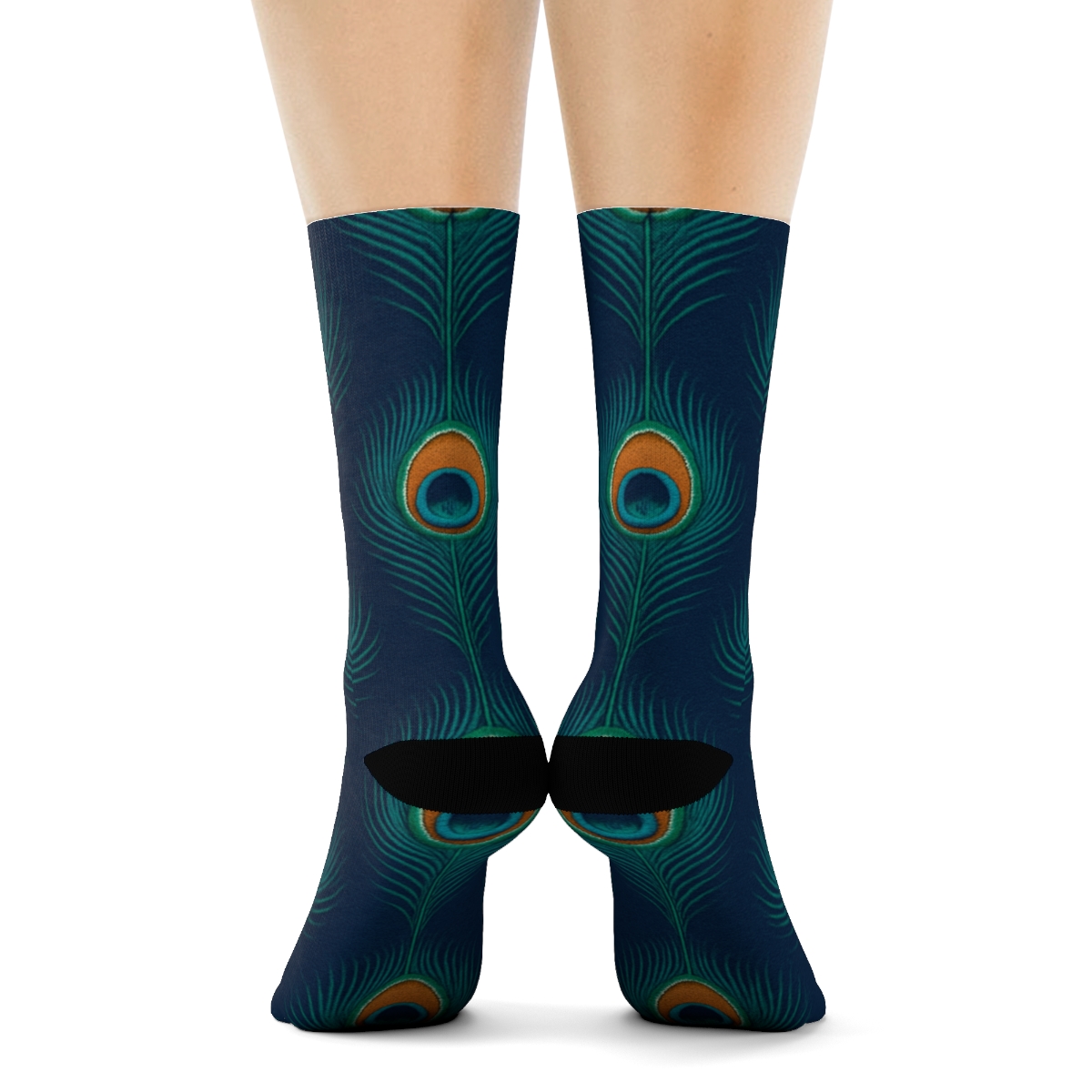 Peacock Tail Eye Grid On Navy Blue Background comfortable cotton crew socks