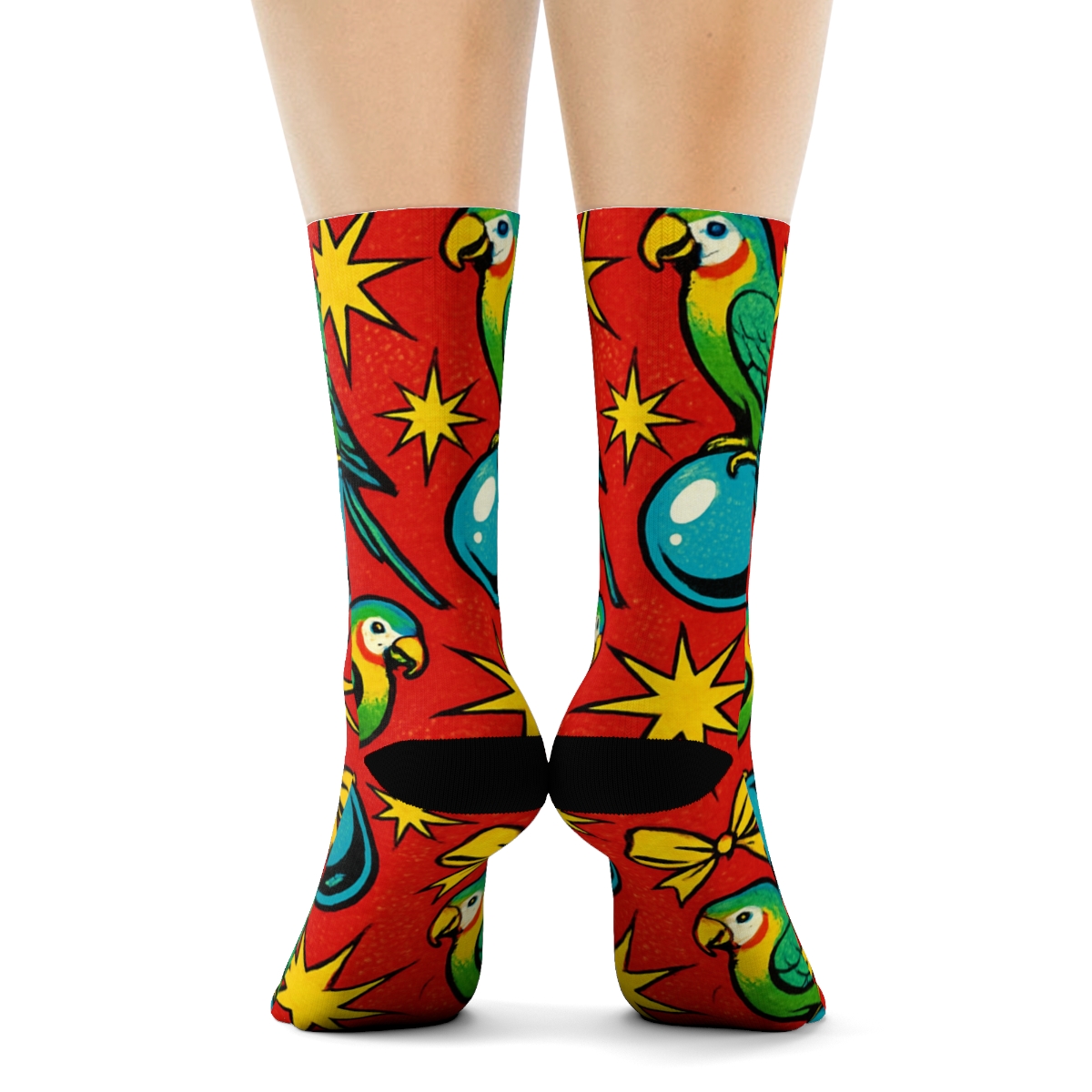 Pop Art Parrot Ornament Burst On Red Background personalized crew socks