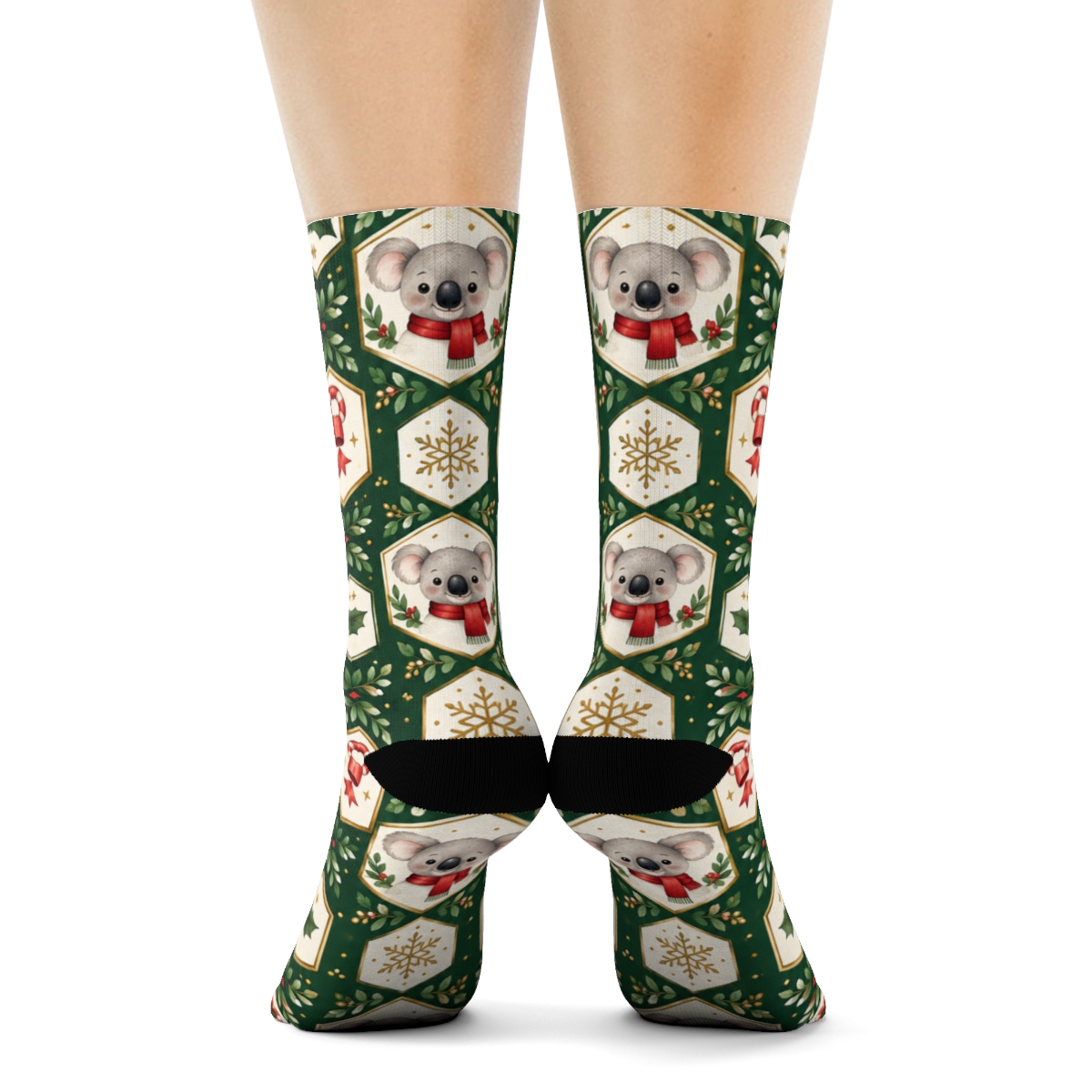 Poinsettia Koala Candy Ribbon Hex Tiles On Evergreen Background comfortable cotton crew socks [AI-a49a1b50-f711f39a897e]
