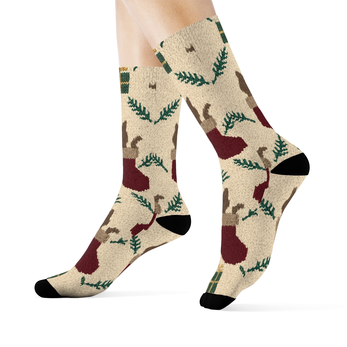 Knitted Stocking Cats Lattice On Cream Background unique graphic crew socks