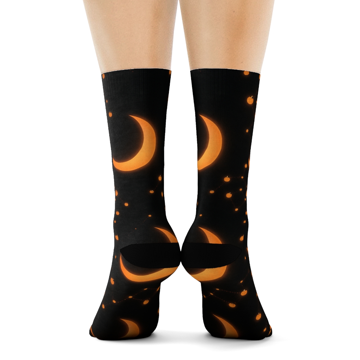 Crescent Moon Glow With Pumpkin Constellations On Black Background designer printed crew socks