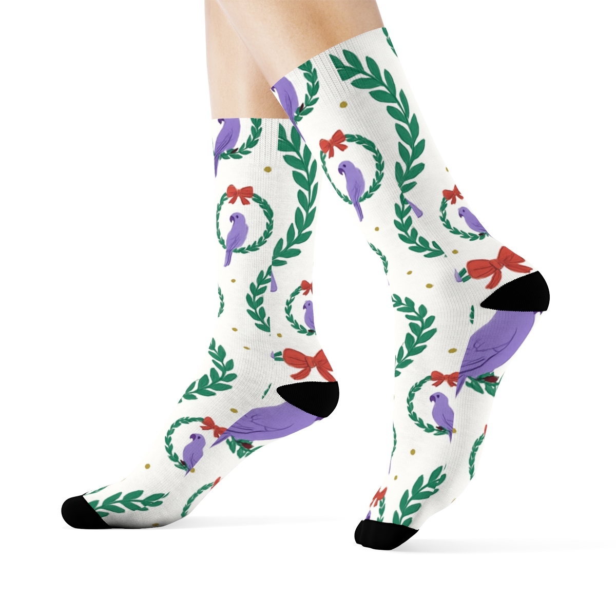 Lavender Parrot Wreath Ring Repeat On White Background designer printed crew socks