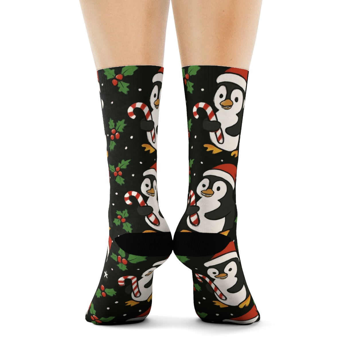 Candy Cane Penguin Parade Tile On Midnight Black Background premium sports crew socks