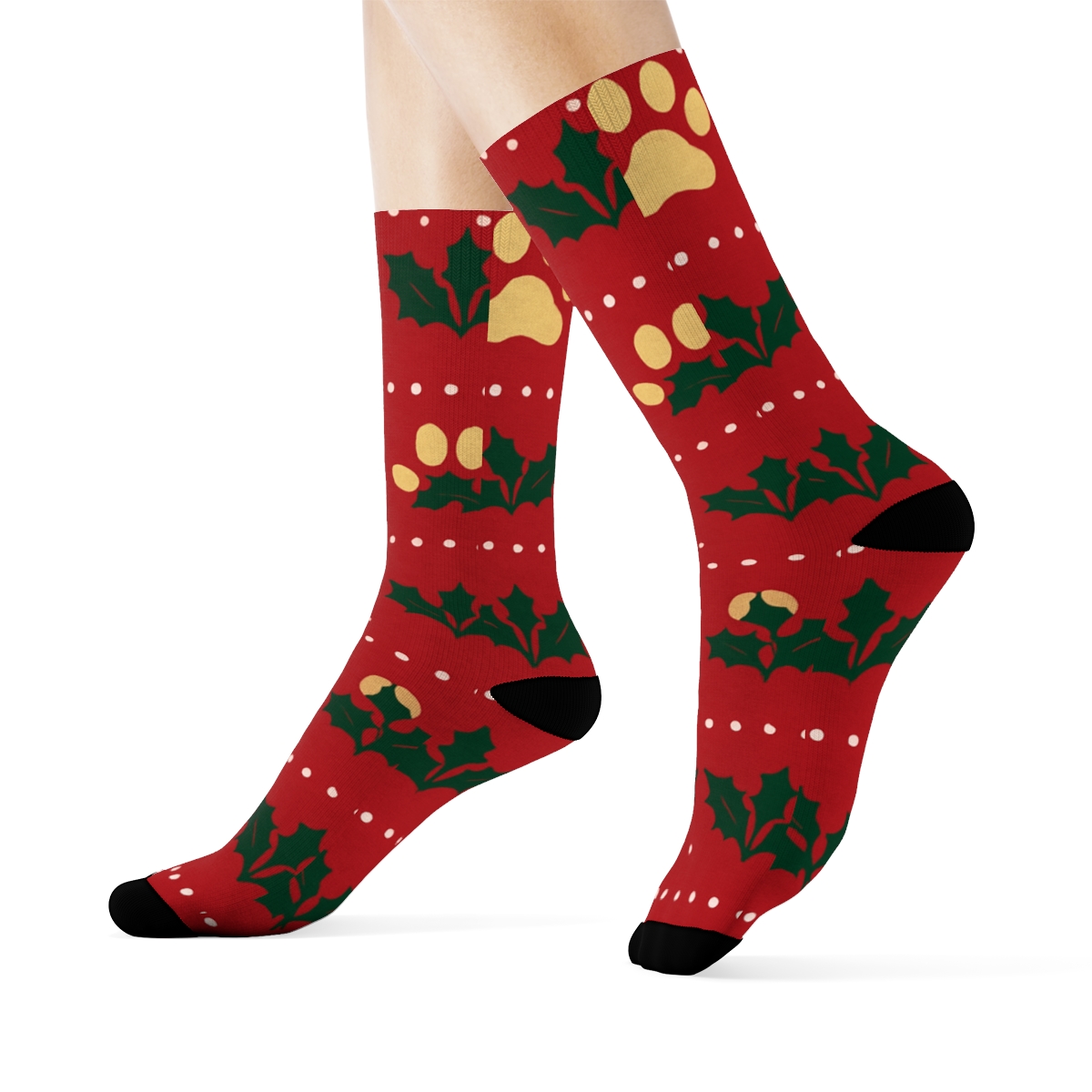 Golden Bell Paw Print Texture Bands On Red Background designer printed crew socks