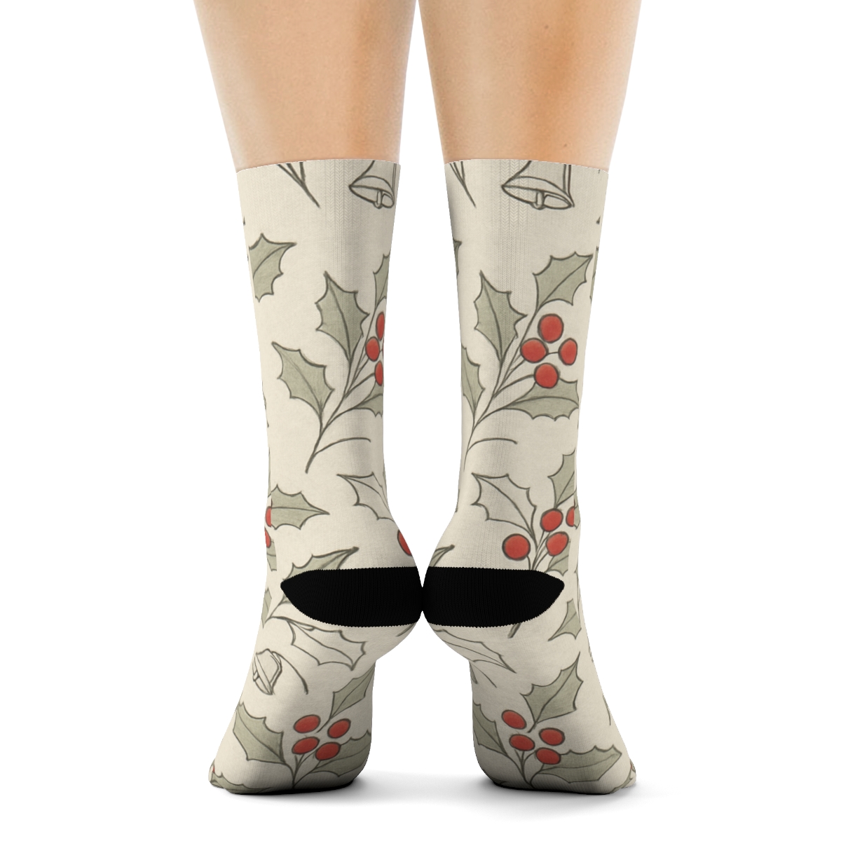 Vintage Holly And Bell Linework Grid On Warm Ivory Background premium sports crew socks
