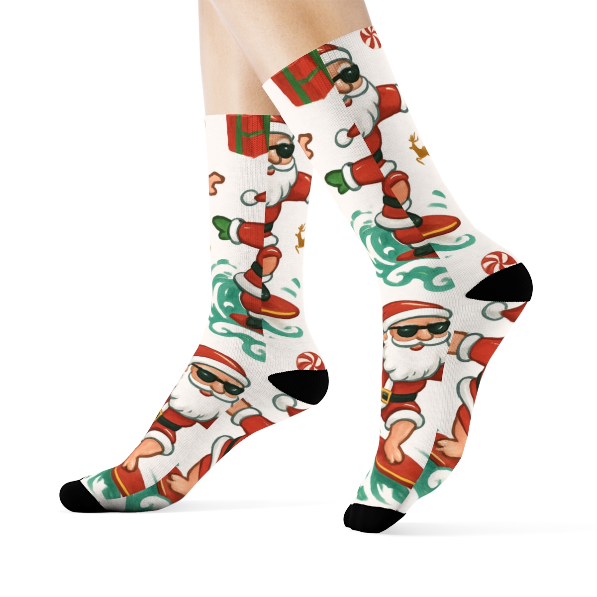 Santa Surfing Holiday Collage Repeat soft everyday crew socks