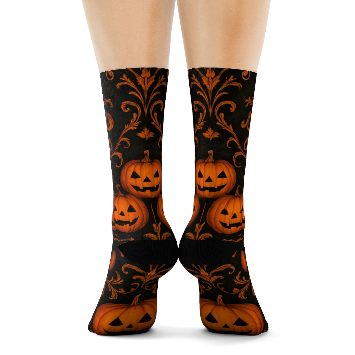 Jack O Lantern Damask Motif On Black Background stylish athletic crew socks