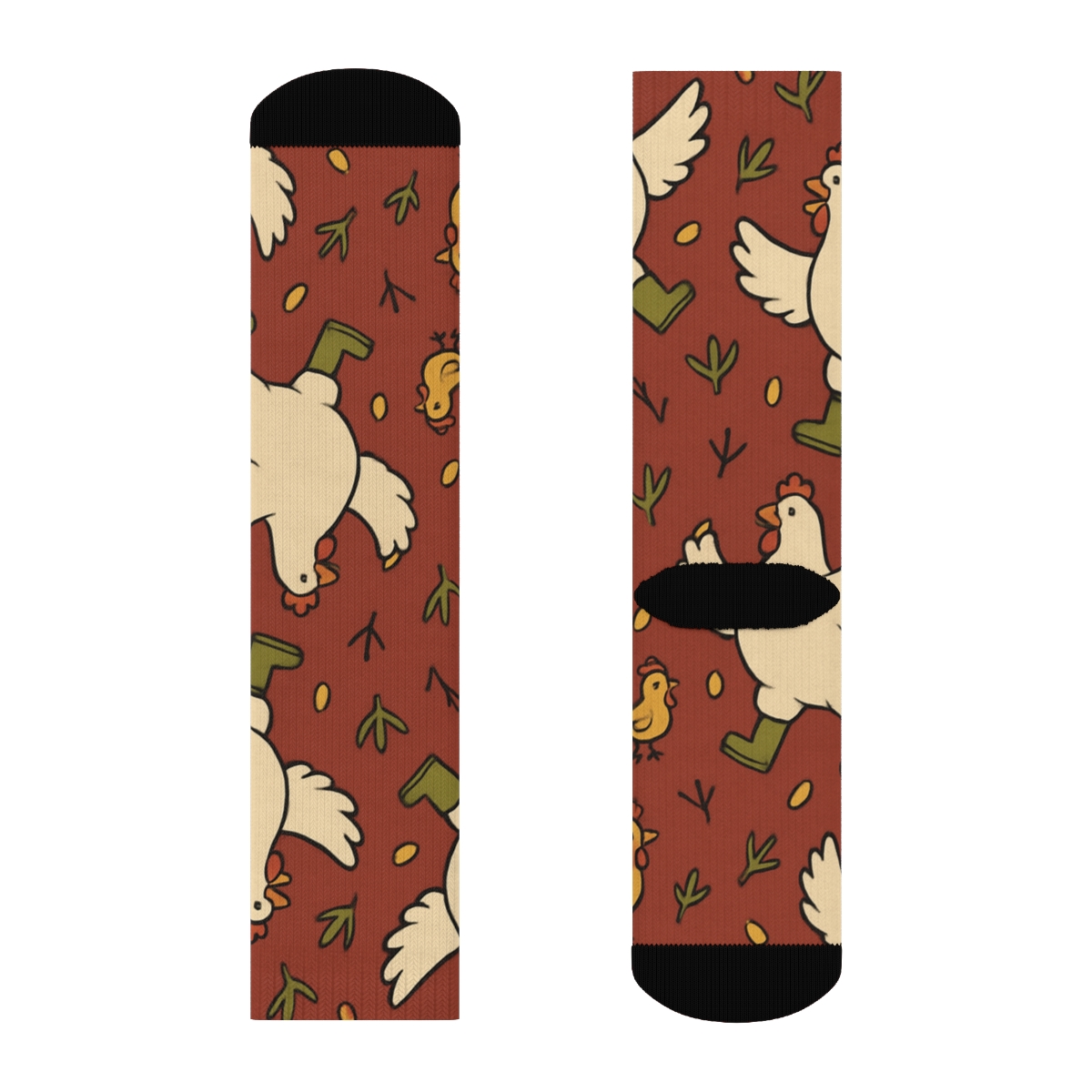 Barn Red Grid With Dancing Hens, Chicken Edition unique graphic crew socks