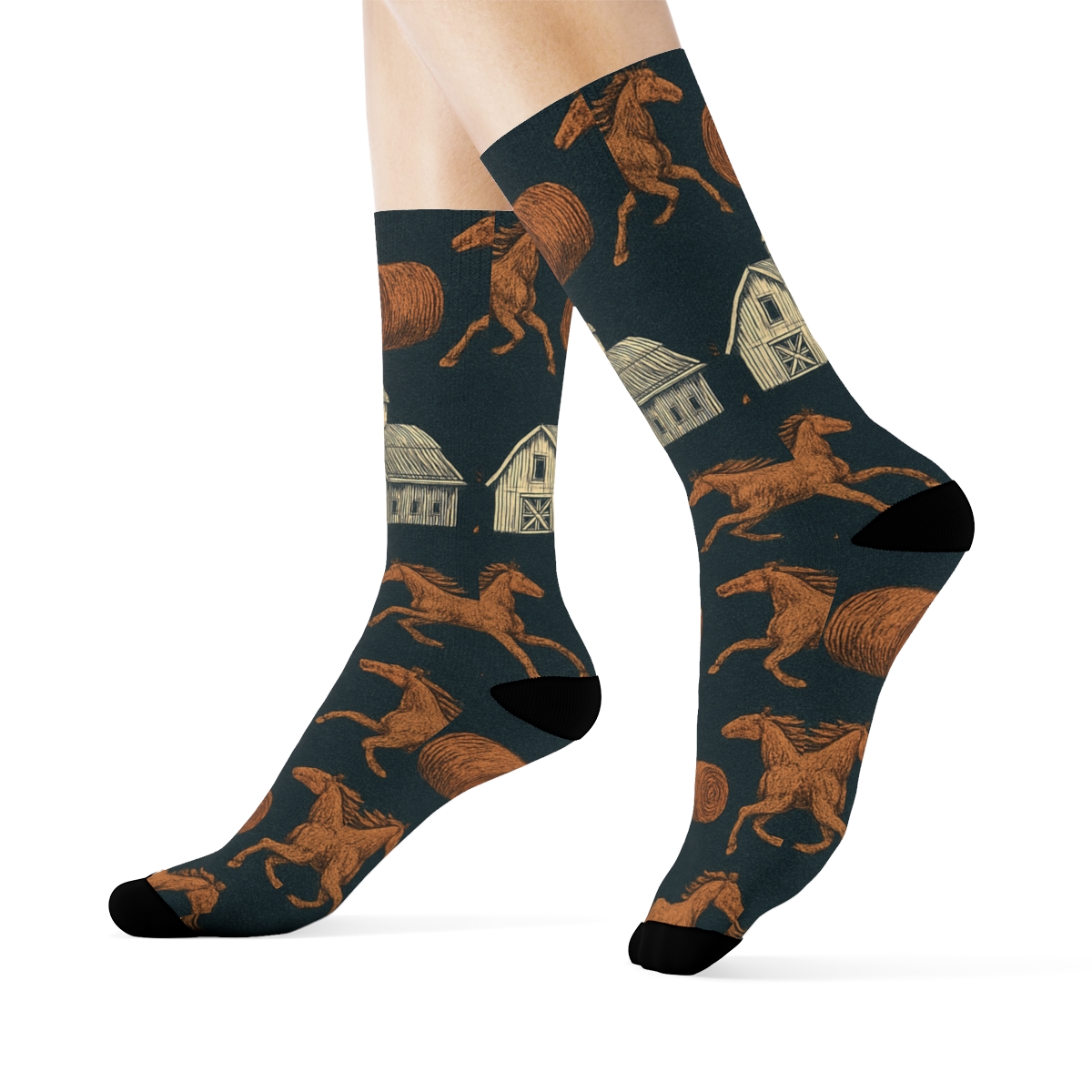 Barn Silhouette Grid With Rancher Horses stylish athletic crew socks