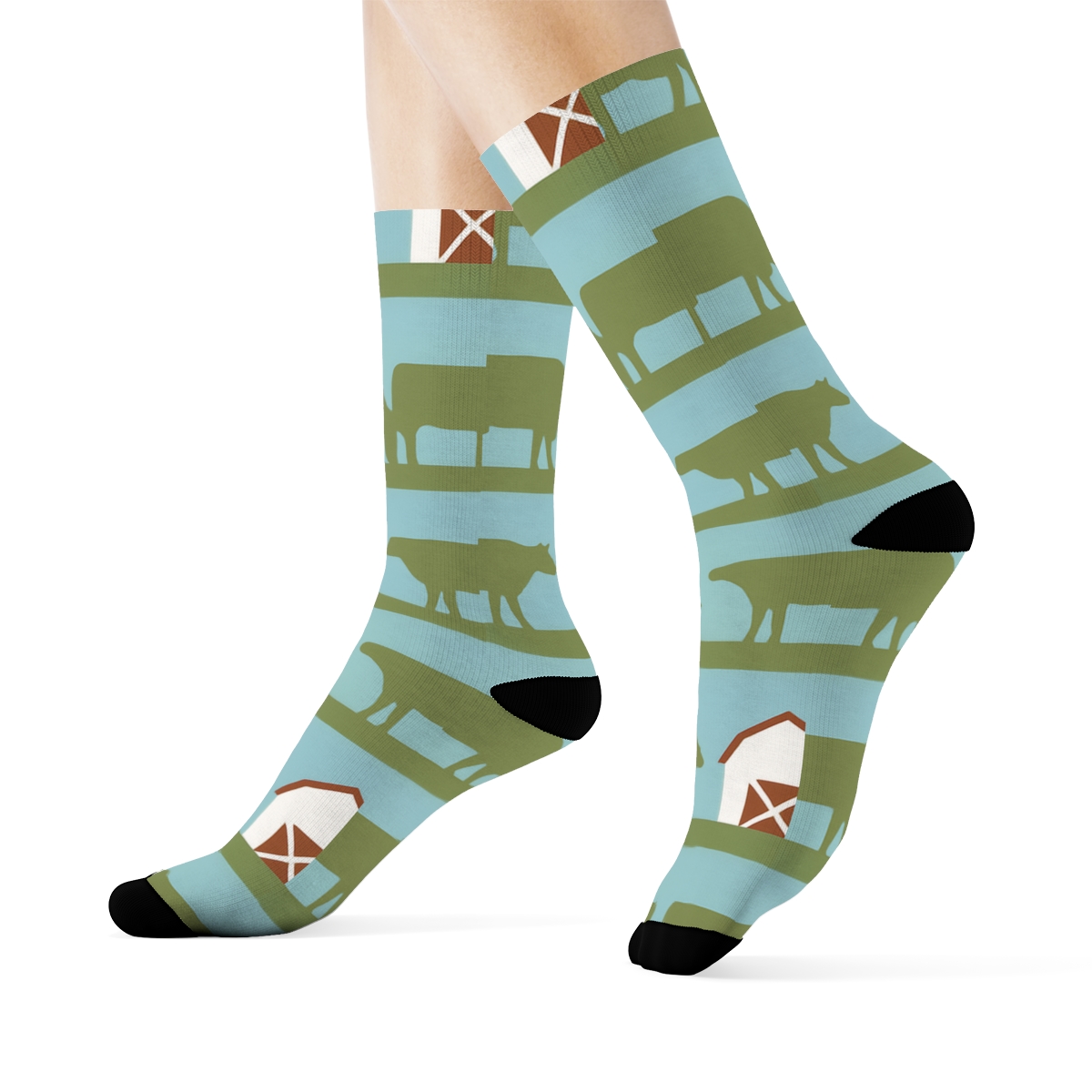Barn Silhouette Grid With Rancher Sky Stripe Bands designer printed crew socks